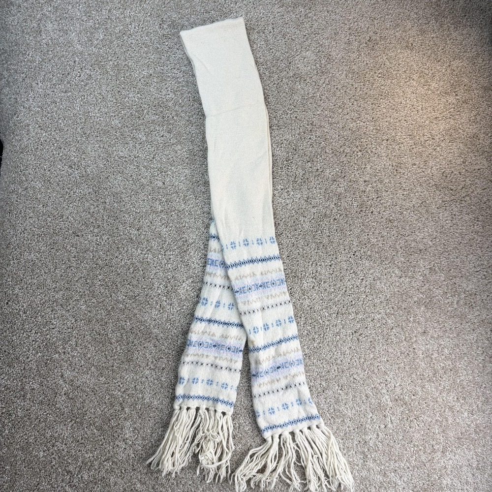 Y2K American Eagle Outfitters Scarf Womens OS White Fair Isle Knit Fringe Long